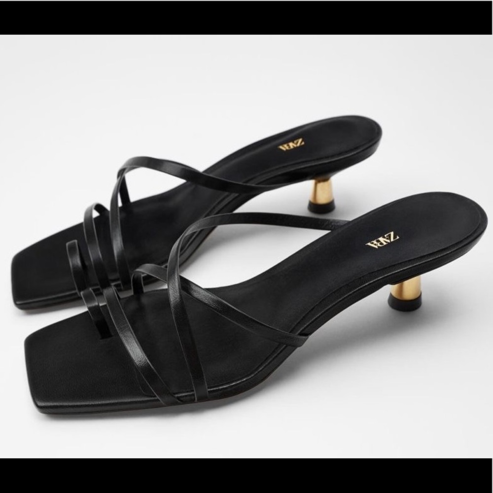 Zara black leather strappy gold kitten heel sandals, size 37